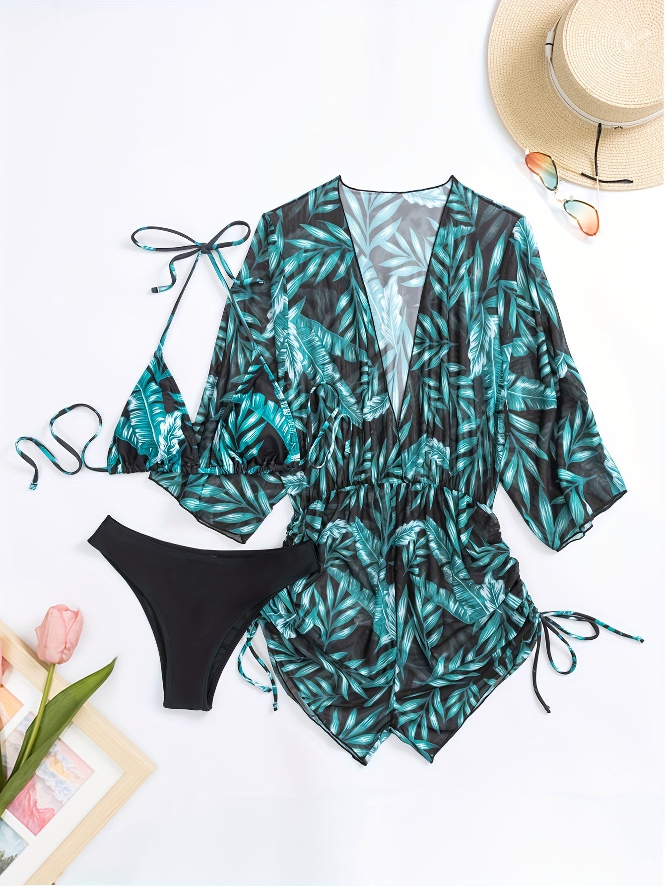 Island Bloom 3-Piece Bikini Set for Women – Tropical Leaf Print Fluttering Swimwear with Flattering Halter Neck Top High Waist Bottoms & Adjustable Drawstring Cover Up – Perfect for Koningsdag Celebrations & Summer Adventures