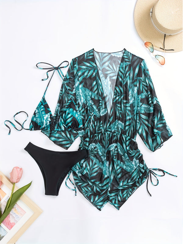 Island Bloom 3-Piece Bikini Set for Women – Tropical Leaf Print Fluttering Swimwear with Flattering Halter Neck Top High Waist Bottoms & Adjustable Drawstring Cover Up – Perfect for Koningsdag Celebrations & Summer Adventures