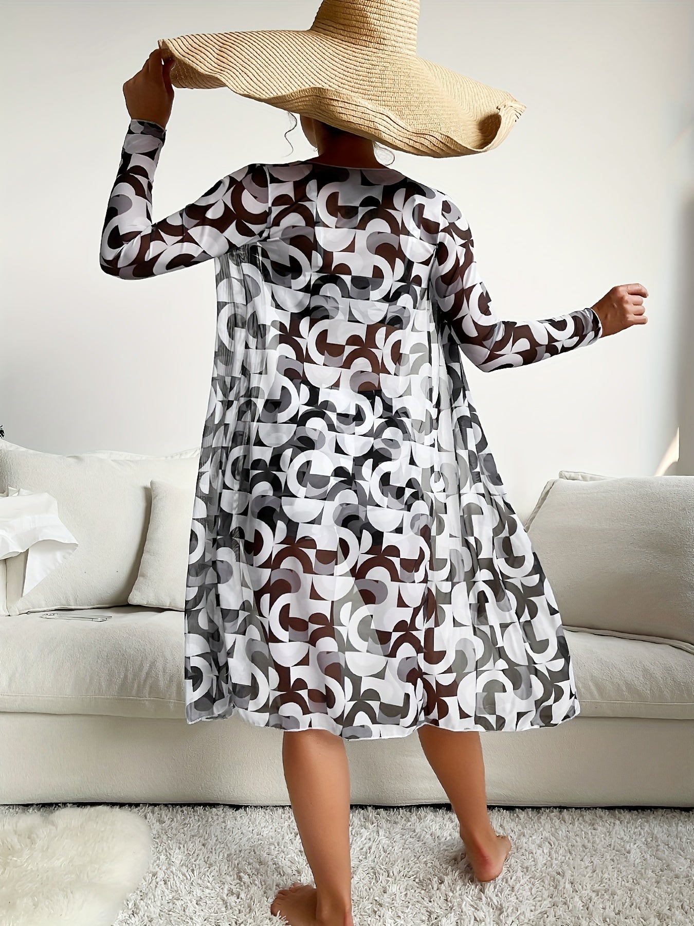 Luxe Lines 3-Piece Geometric Bikini Set for Women – High Rise Drawstring Bikini with Boxer Shorts & Long Sleeve Sheer Kimono Cover-Up – Bold & Breezy Women’s Swimwear for Summer Beach Pool & Getaways