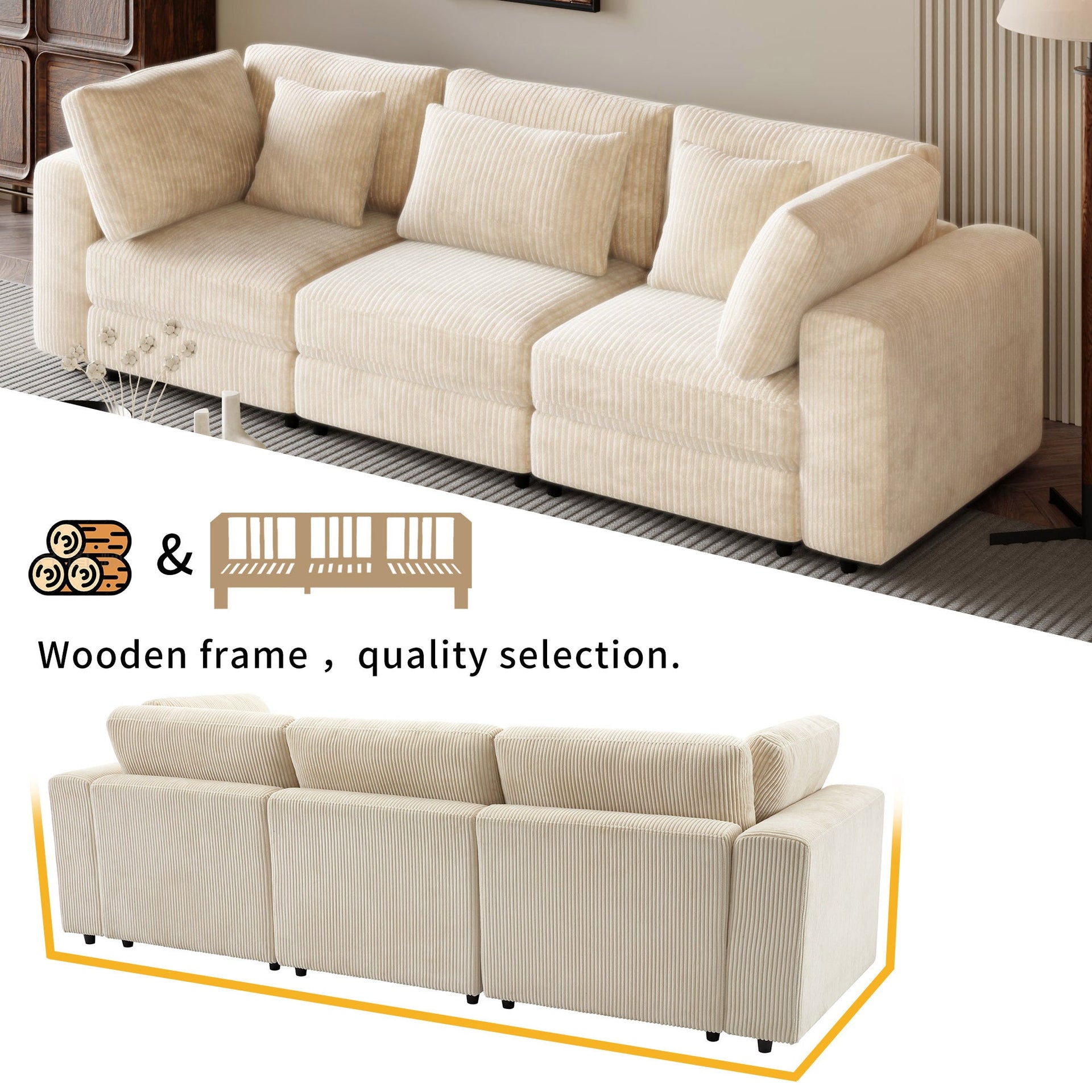 105'' 3 Seater Sofa with Removable Back Cushions and 5 Pillows , for Living Room, Apartment, Spacious Space