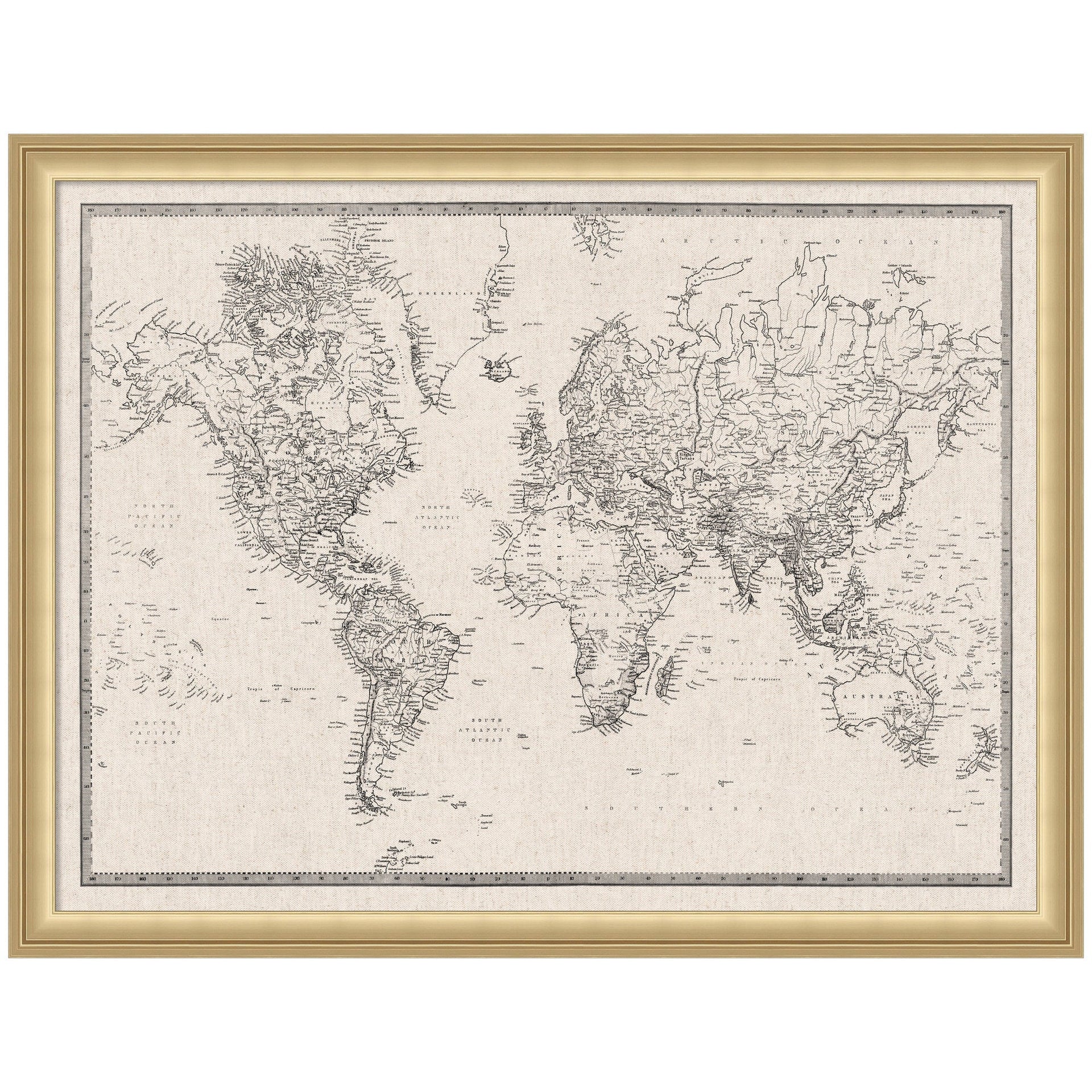 Framed Fabric Pinboard Vintage Black and White Linen World Map Wall Organization
