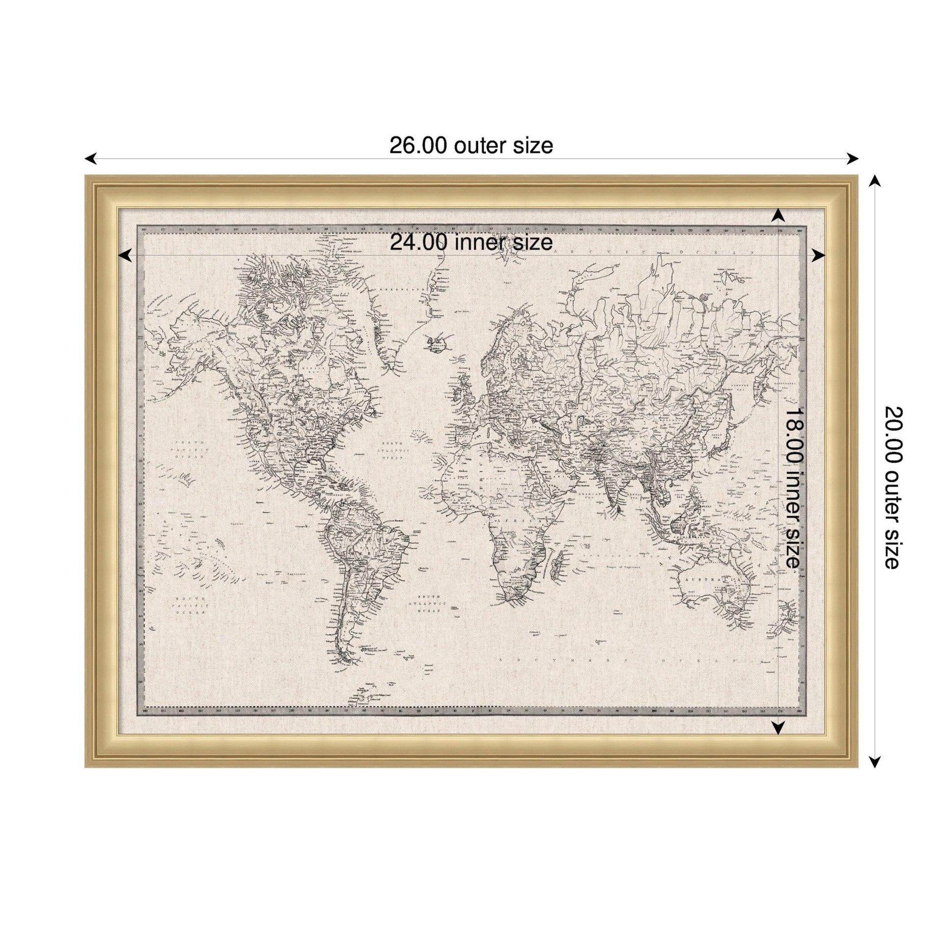 Framed Fabric Pinboard Vintage Black and White Linen World Map Wall Organization