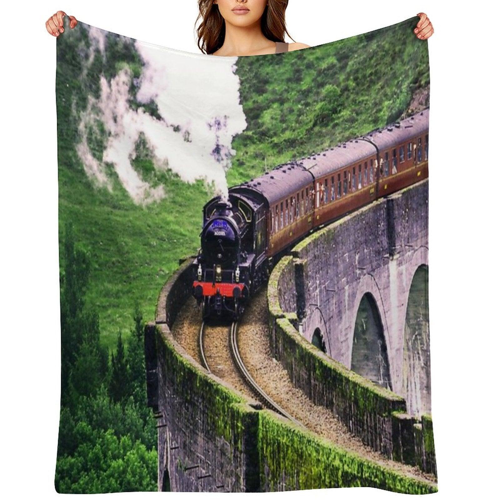Locomotive Train on Bridge Throw Blanket