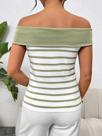 Decorative Button Striped Off-Shoulder Knit Top