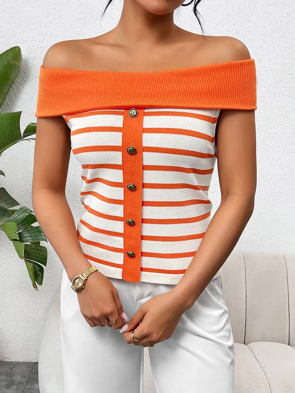 Decorative Button Striped Off-Shoulder Knit Top