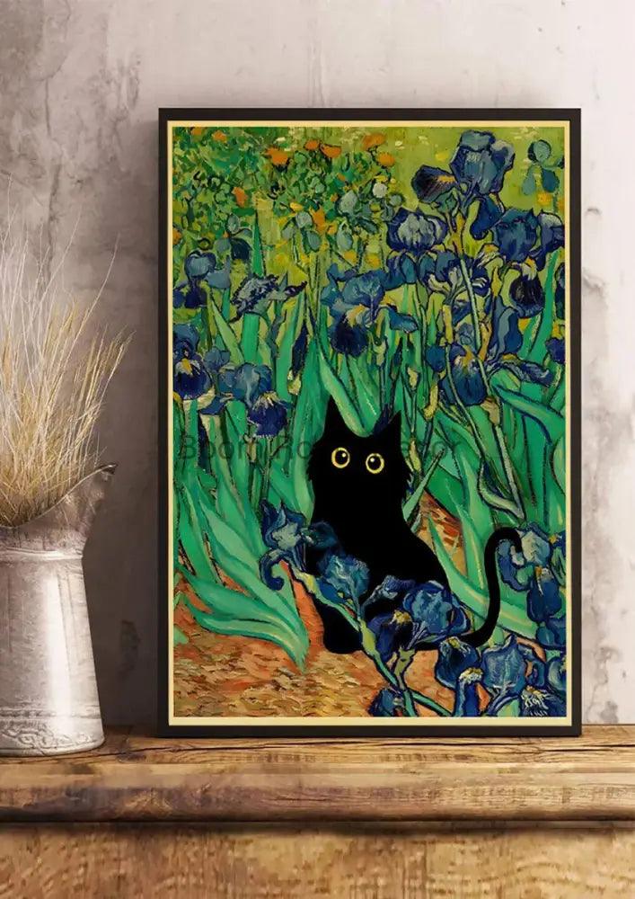 Vintage van gogh style black cute digital cats kraft paper bedroom art