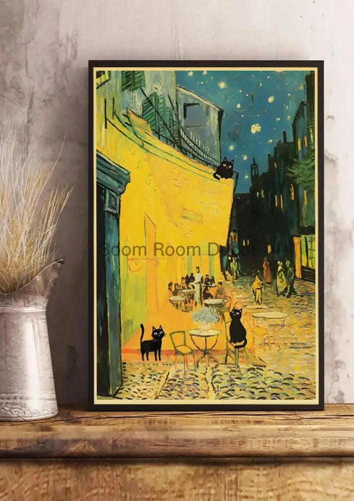 Vintage van gogh style black cute digital cats kraft paper bedroom art