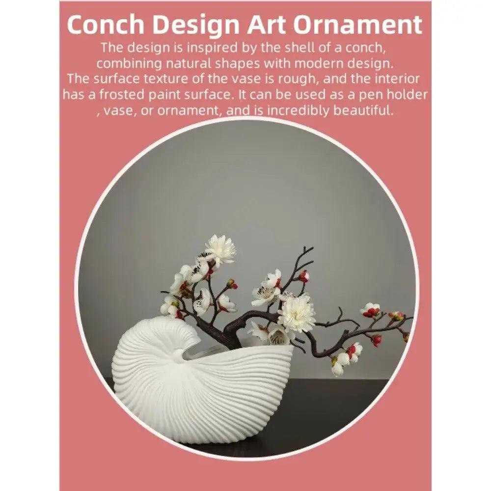 White Ribbed Ceramic Vase Shell Conch Design