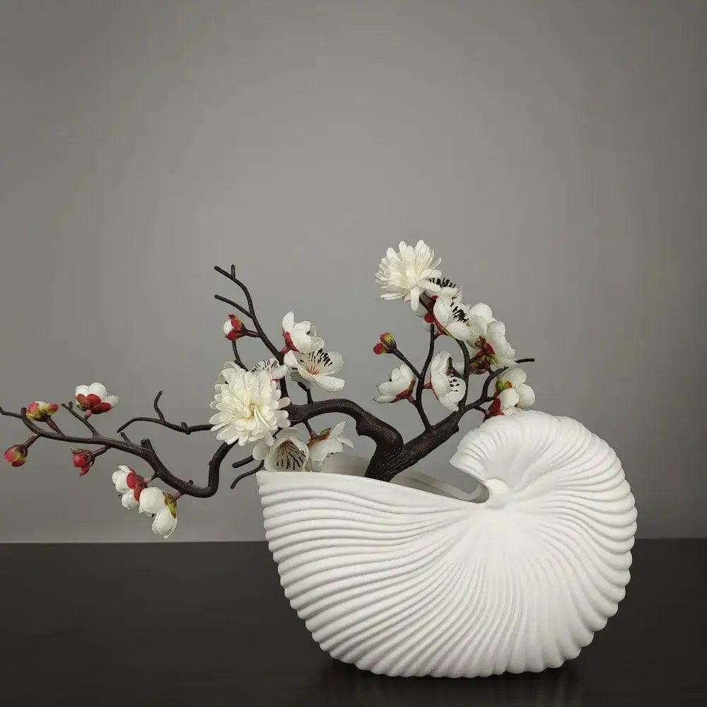 White Ribbed Ceramic Vase Shell Conch Design