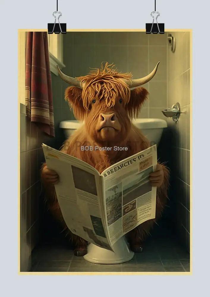 Vintage highland cow reading newspaper funny animal bathroom wall art