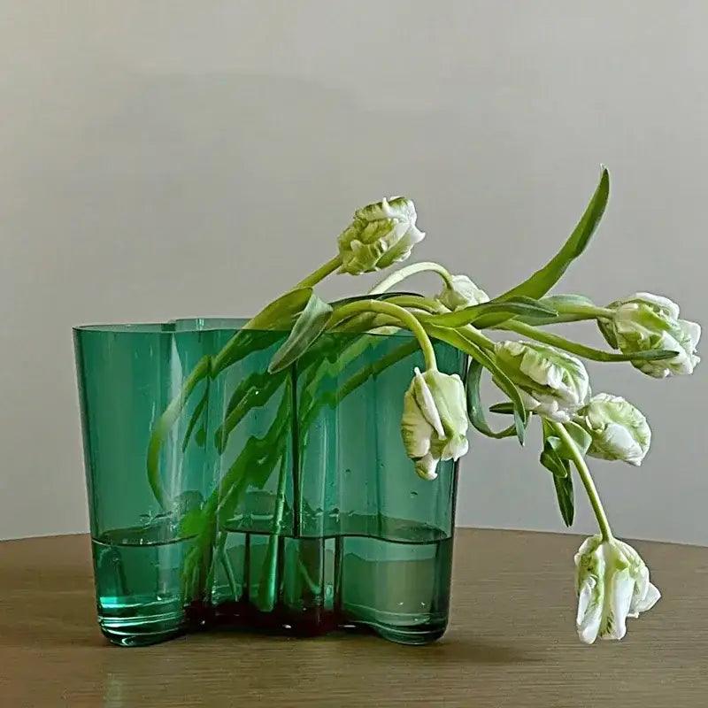 Emerald Glass Wavy Vase