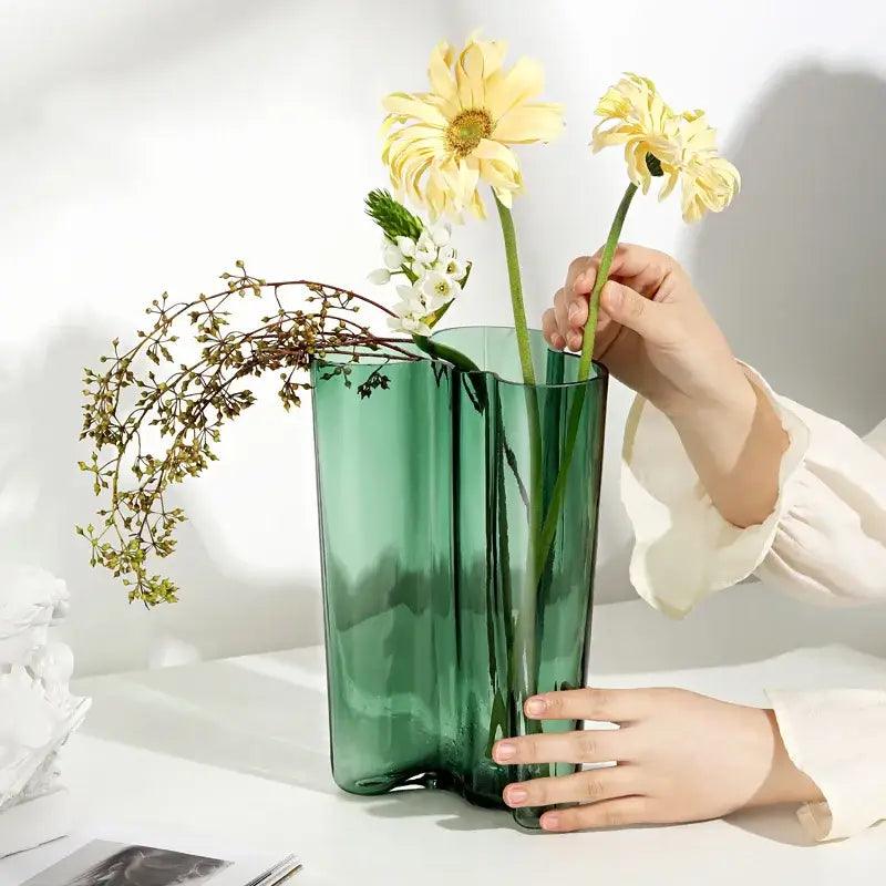 Emerald Glass Wavy Vase