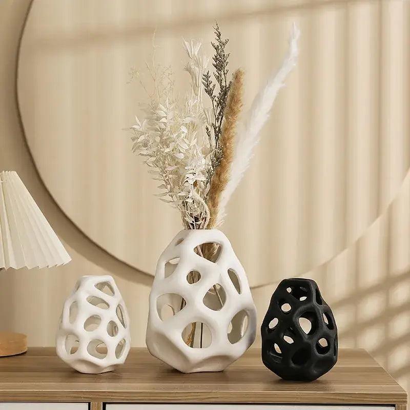 White Perforated Ceramic Vase for Living Room