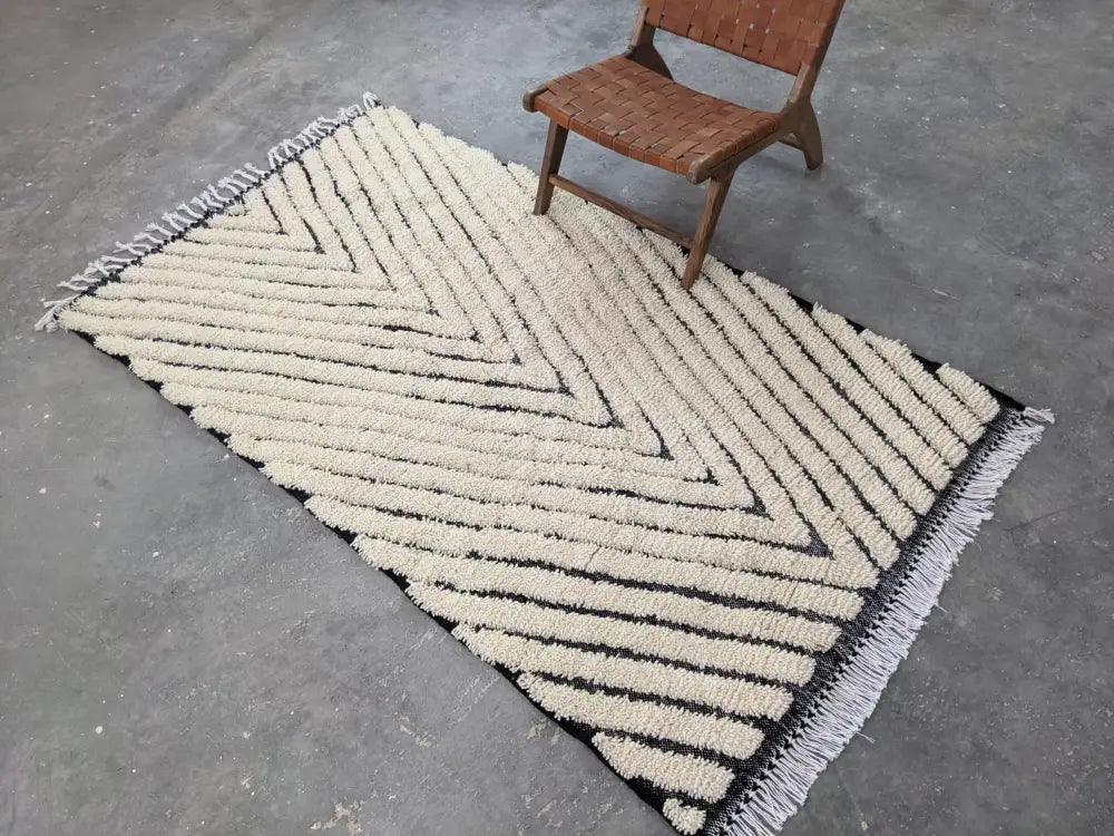 Cream Black Wool Moroccan Rug