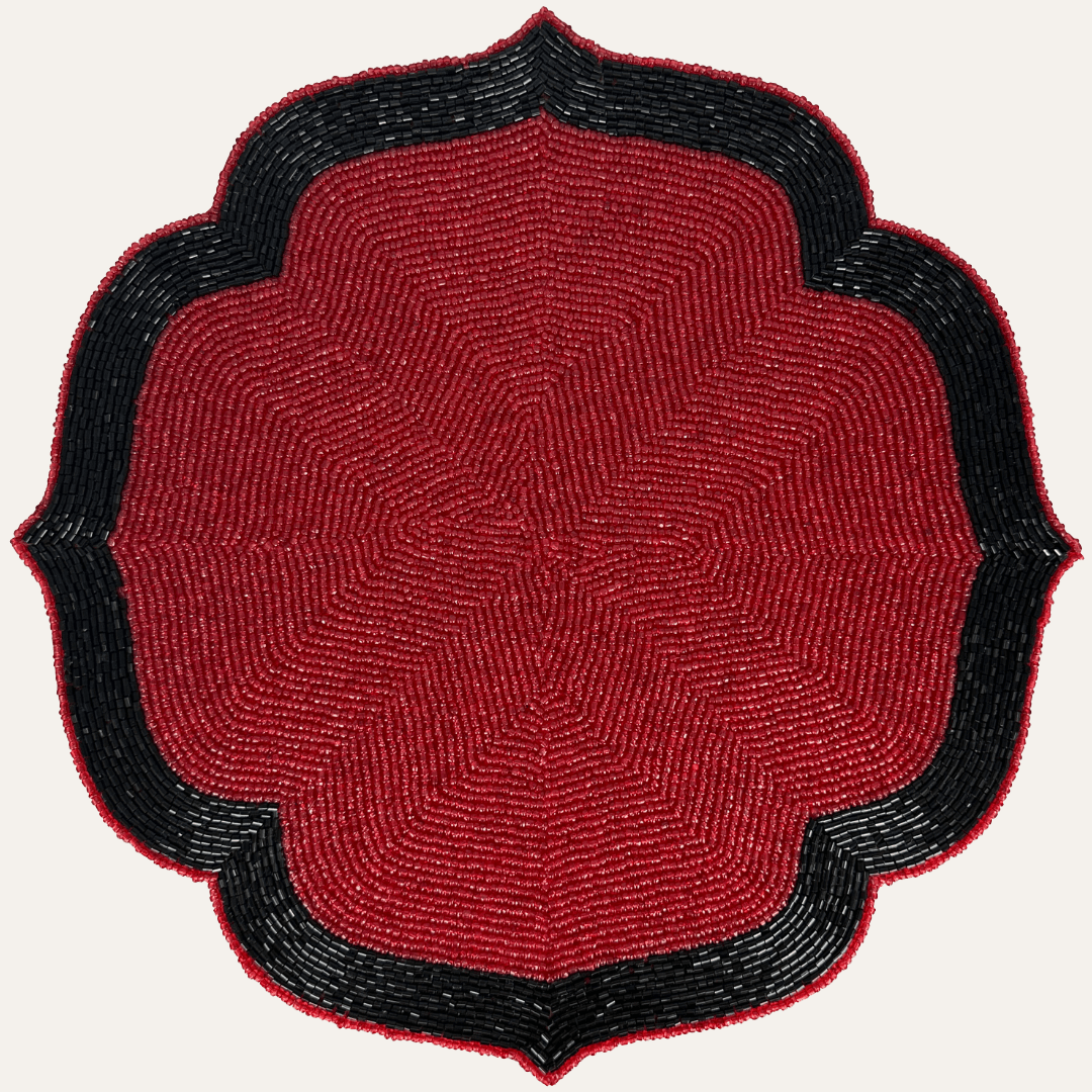 Beaded Placemats – Handmade Red Black Dining Table Mats, 14 Inch Heat Resistant