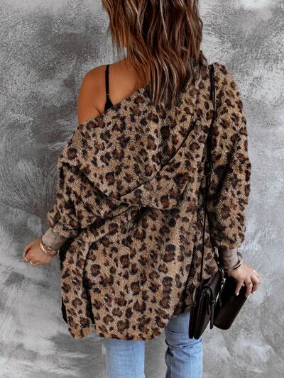Trendy Fuzzy Leopard Hooded Jacket with Long Sleeves Casual Fit Comfortable Jacket For Women