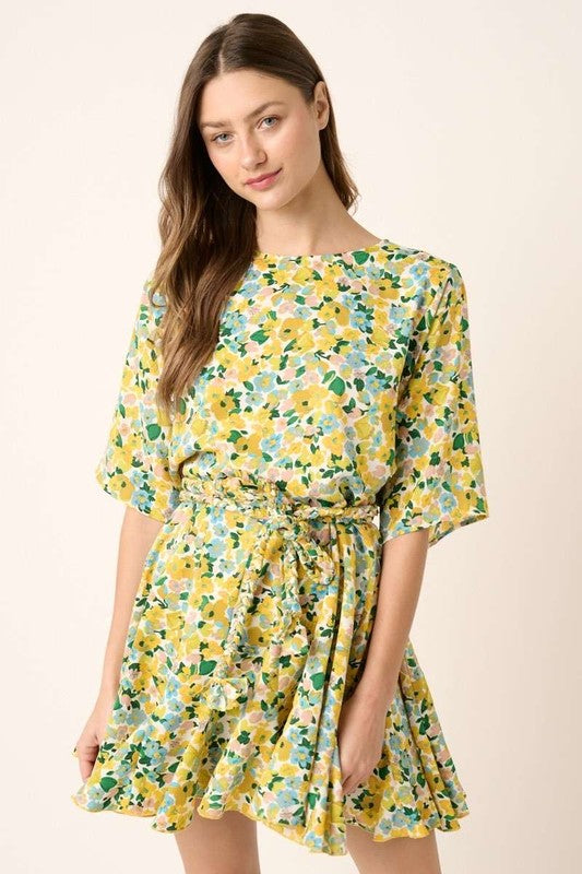 New Summer Floral Tie Waist Half Sleeve Mini Dress –Feminine and Chic Floral Dress with Flattering Tie Waist Detail