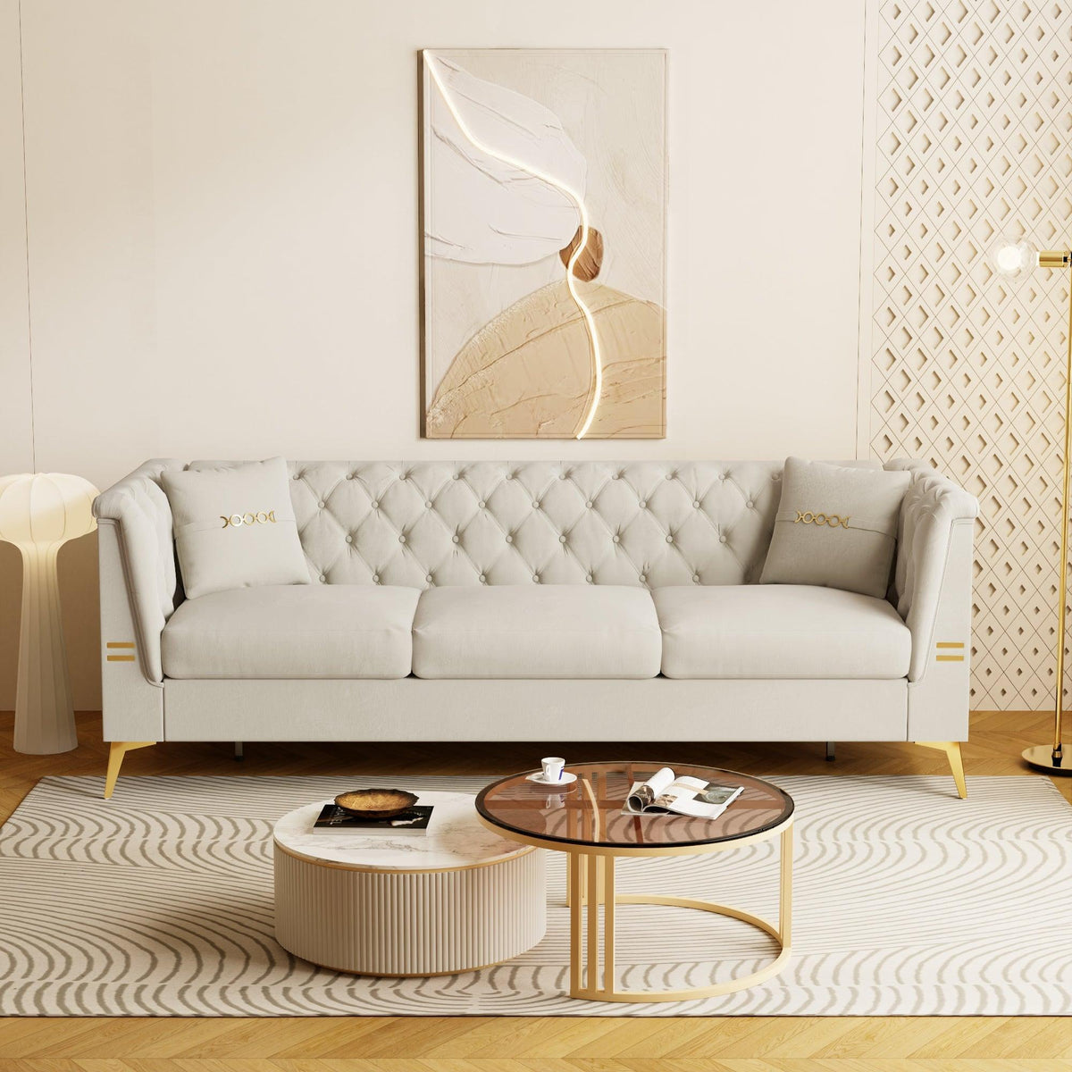 Ivory Velvet 3‑Seat Sofa