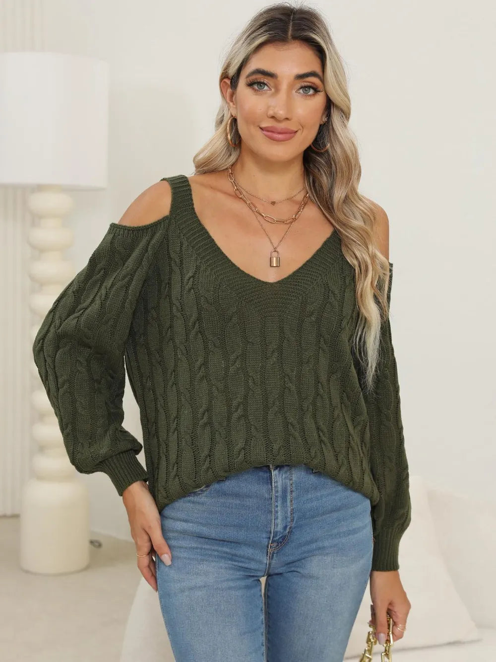 Deep V-neck sexy off shoulder loose pullover sweater for women top