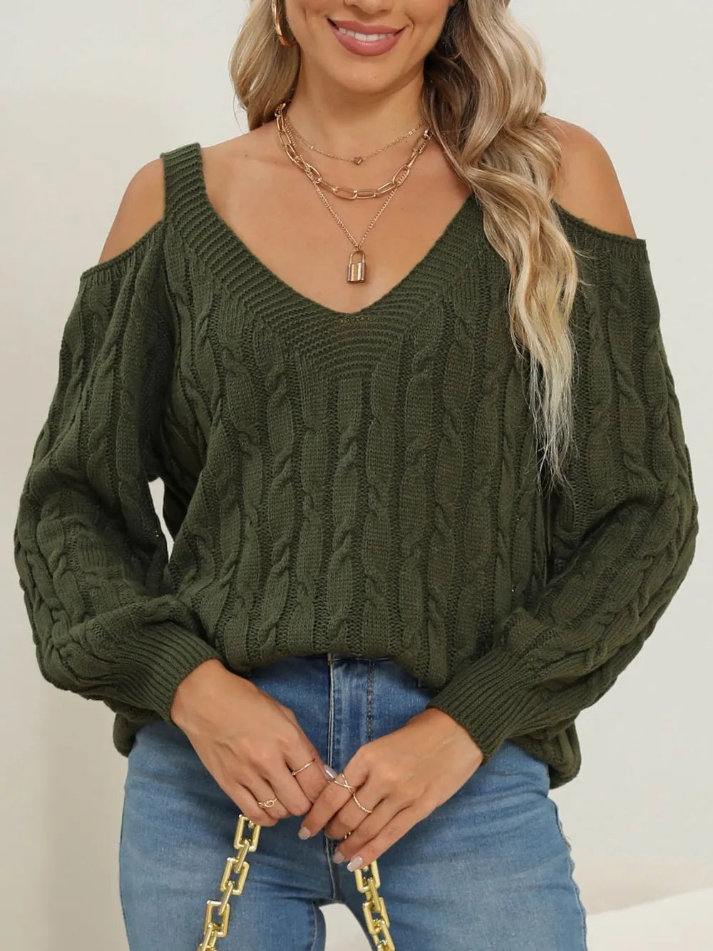 Deep V-neck sexy off shoulder loose pullover sweater for women top