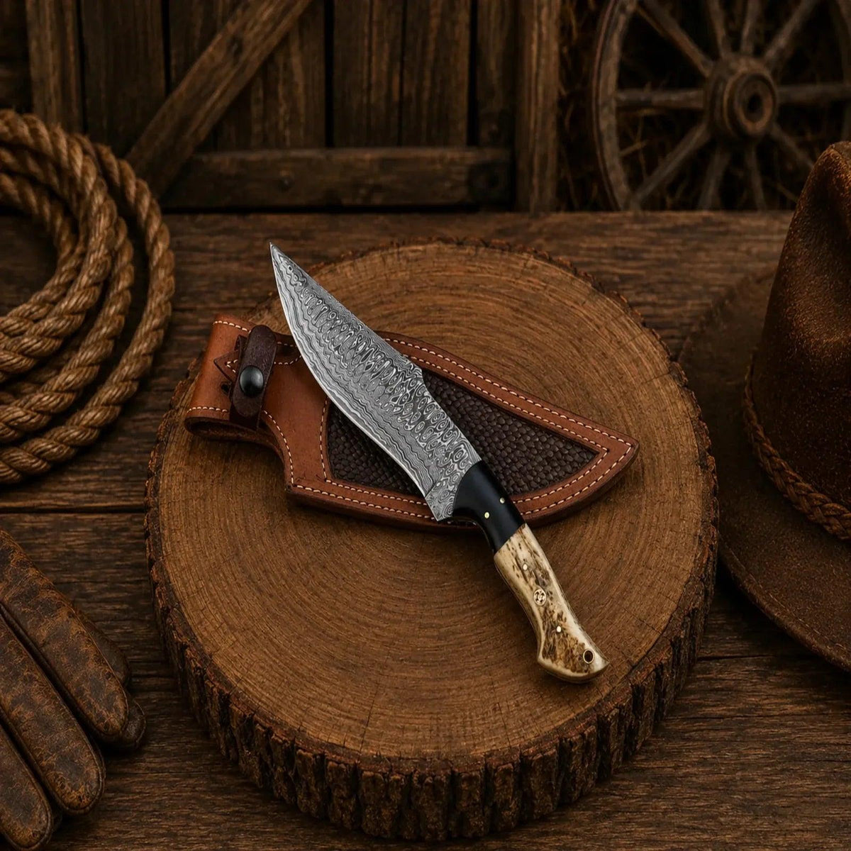 Deer Hunting Bowie Knife – Frostfang Damascus Steel Stag Handle