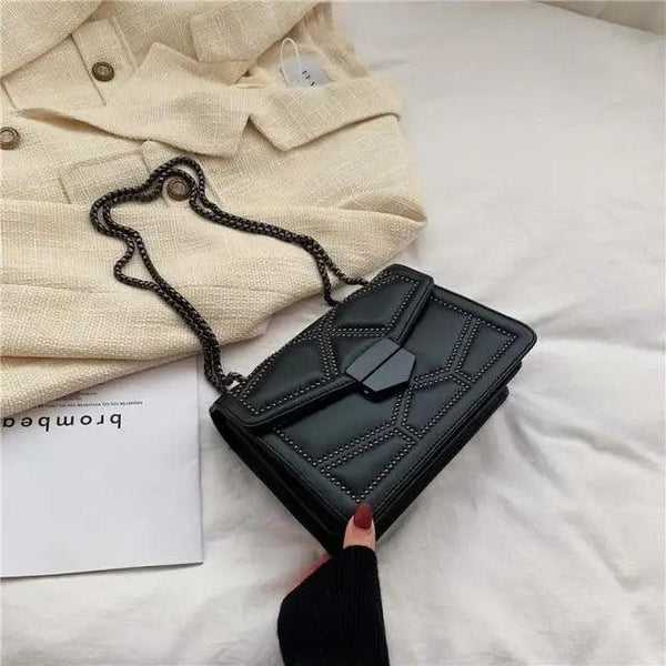 Delighted Black PU Leather Crossbody Chain Bags For Women And Girls Simple Fashionable Shoulder Small Handbags