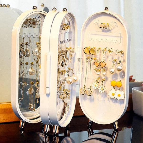 Desktop Jewelry Storage Box Multilayer Dustproof Earrings Rings Necklaces Display Holder Case for Women Jewelry Organizer Box Collapsible Earring Holder Jewelry Organizer Box with Mirror Earring Necklace Jewelry Box Organizer