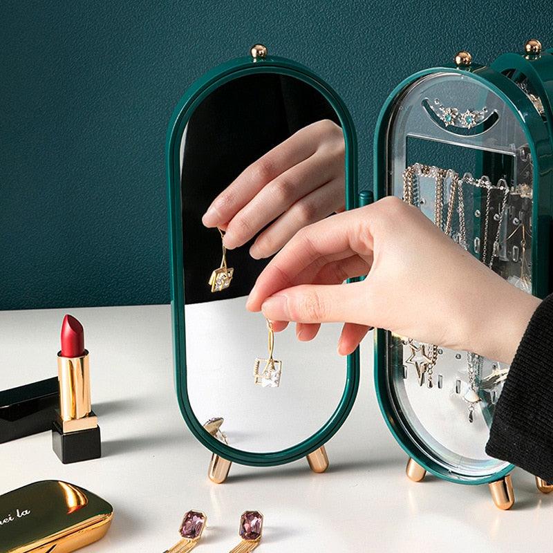 Desktop Jewelry Storage Box Multilayer Dustproof Earrings Rings Necklaces Display Holder Case for Women Jewelry Organizer Box Collapsible Earring Holder Jewelry Organizer Box with Mirror Earring Necklace Jewelry Box Organizer