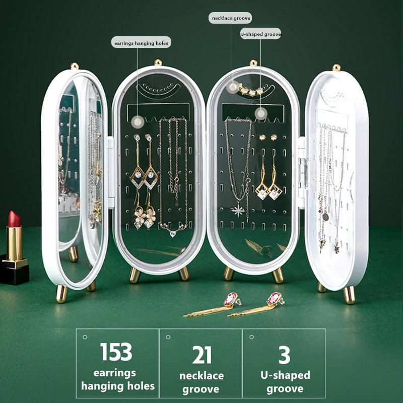 Desktop Jewelry Storage Box Multilayer Dustproof Earrings Rings Necklaces Display Holder Case for Women Jewelry Organizer Box Collapsible Earring Holder Jewelry Organizer Box with Mirror Earring Necklace Jewelry Box Organizer
