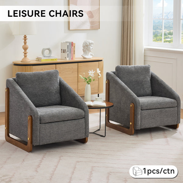 Modern Chenille Upholstered Armchair with Wooden Side Frame in Gray
