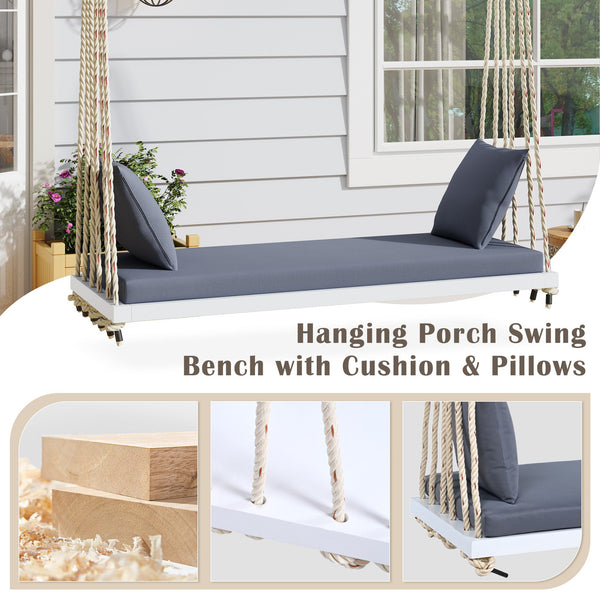 Patio Wooden Swing Chair Hanging Porch Swing Bench with Cushion & Pillows