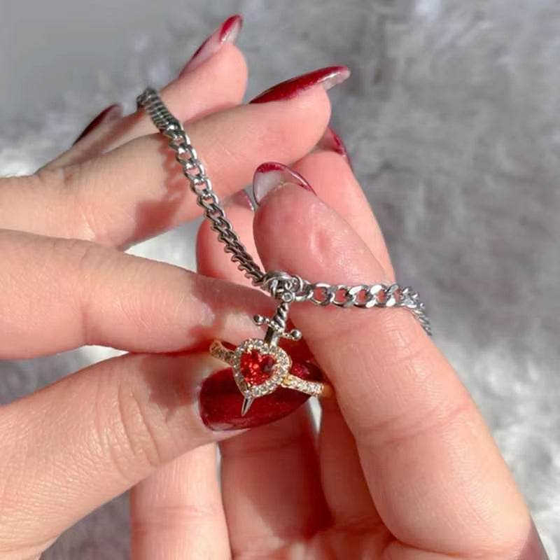 Heart Ring and Sword Necklace Set – Stainless Steel Couple Jewelry Gift