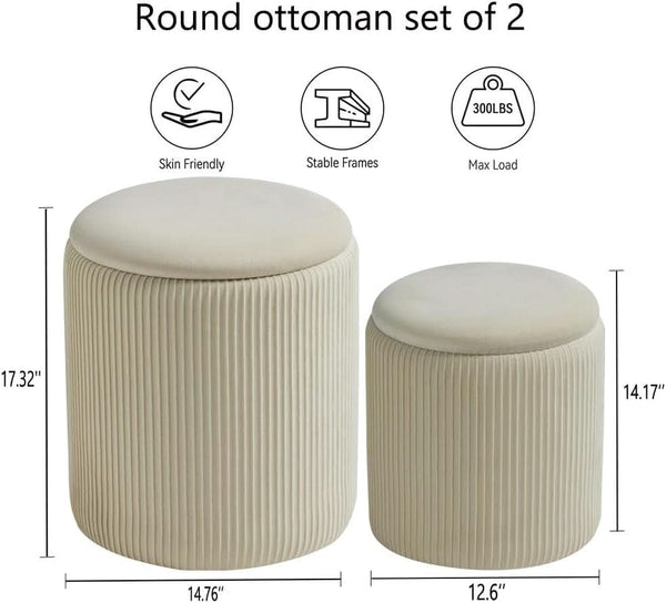 White Storage Ottoman Round Velvet Upholstered Set