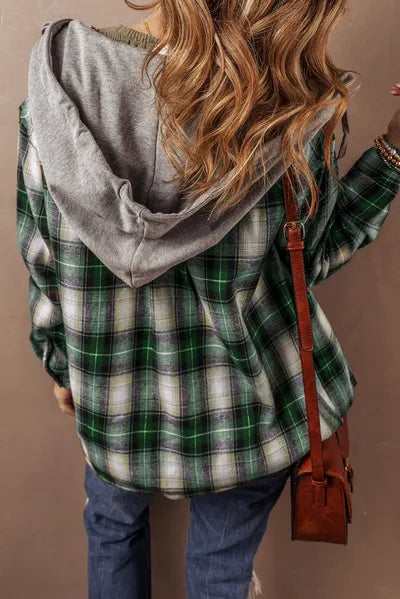 Dark Green Drawstring Pocketed Plaid Hooded Jacket Cozy & Trendy Checkered Outerwear For All Seasons