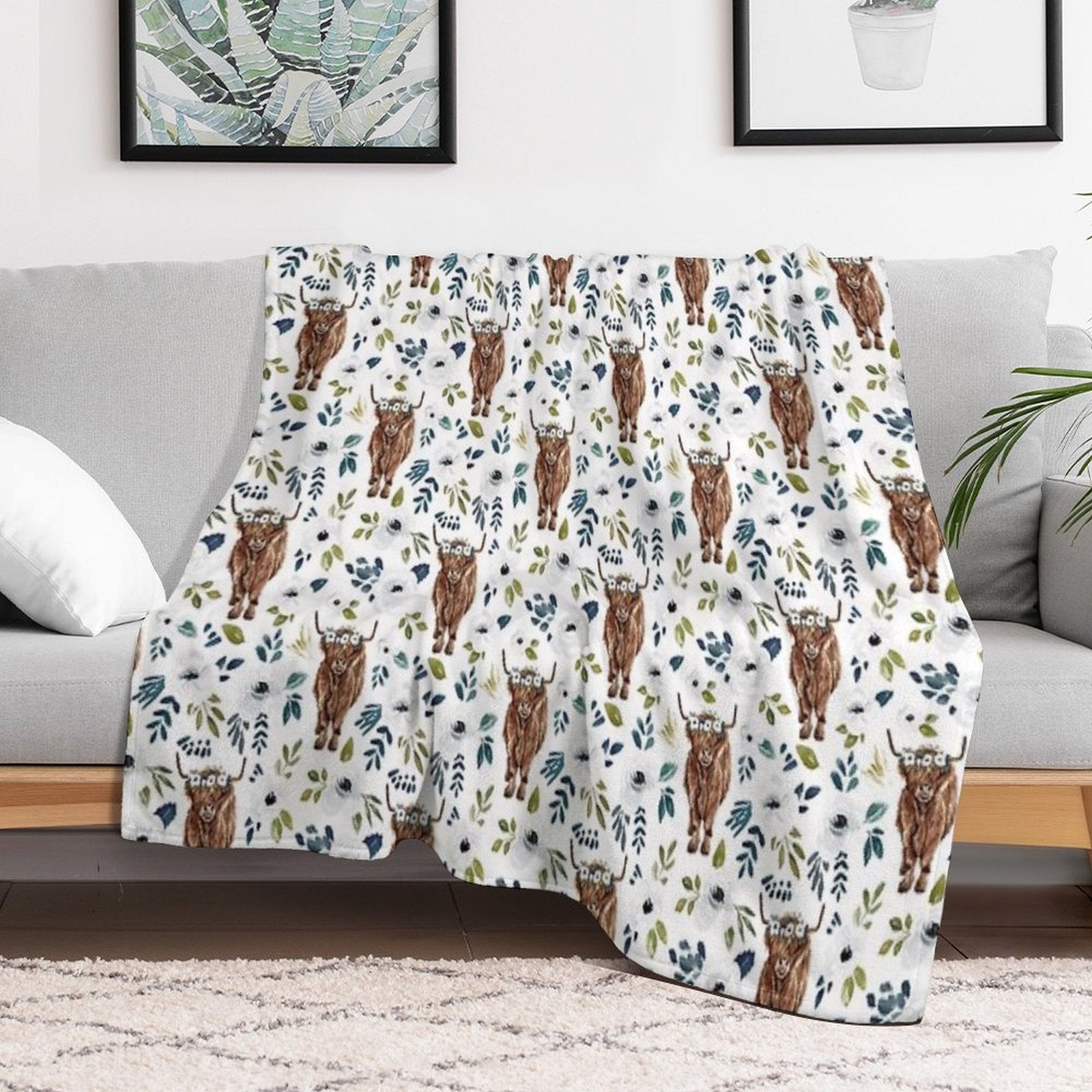 Highland Cow, Floral, Floral Crown, Cow Painting, Farmhouse Decor Shrink-resistant Throw Blanket