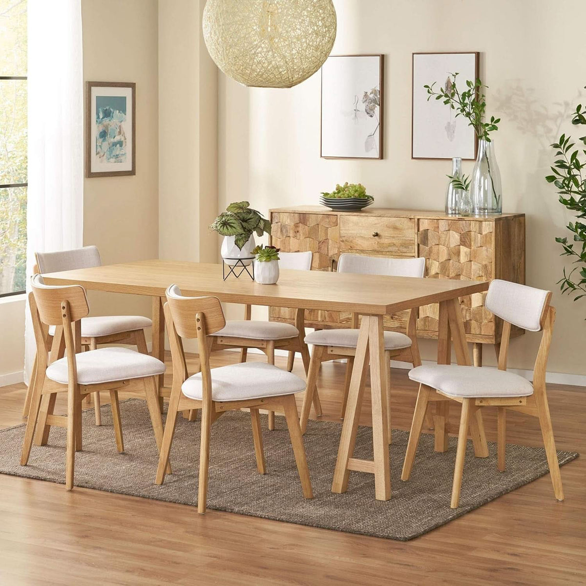 Mid Century Modern Dining Set 7 Piece Natural Oak Table