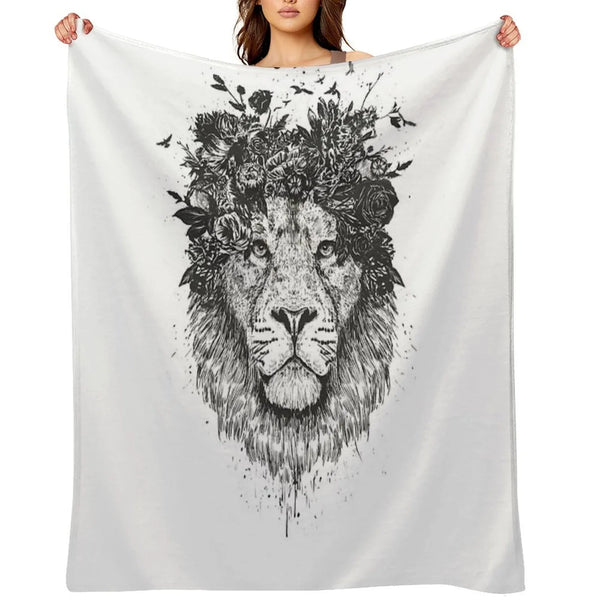 Floral Lion (bw) Throw Blanket