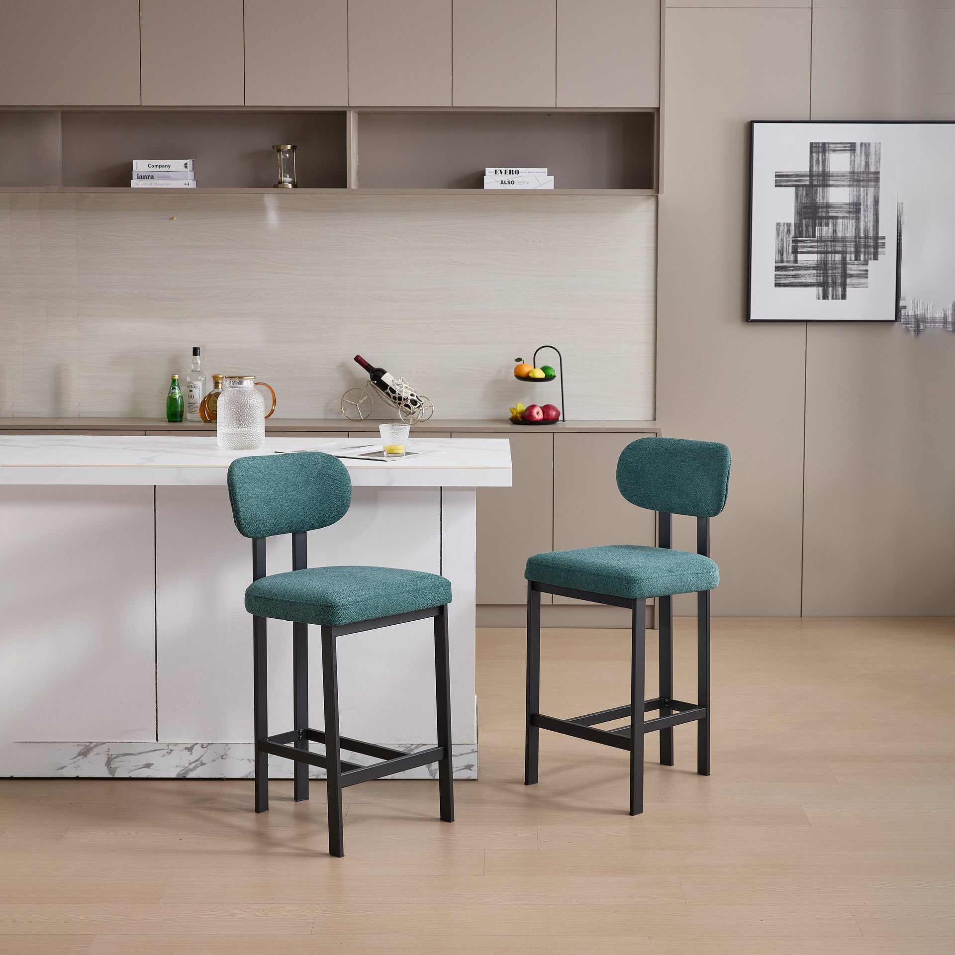 Bar Stools Set of 2, 26 inch Modern Upholstered Fabric Counter Height Barstools, Kitchen Island Chairs with Black Metal Legs for Dining Room/Kitchen Island/Bar