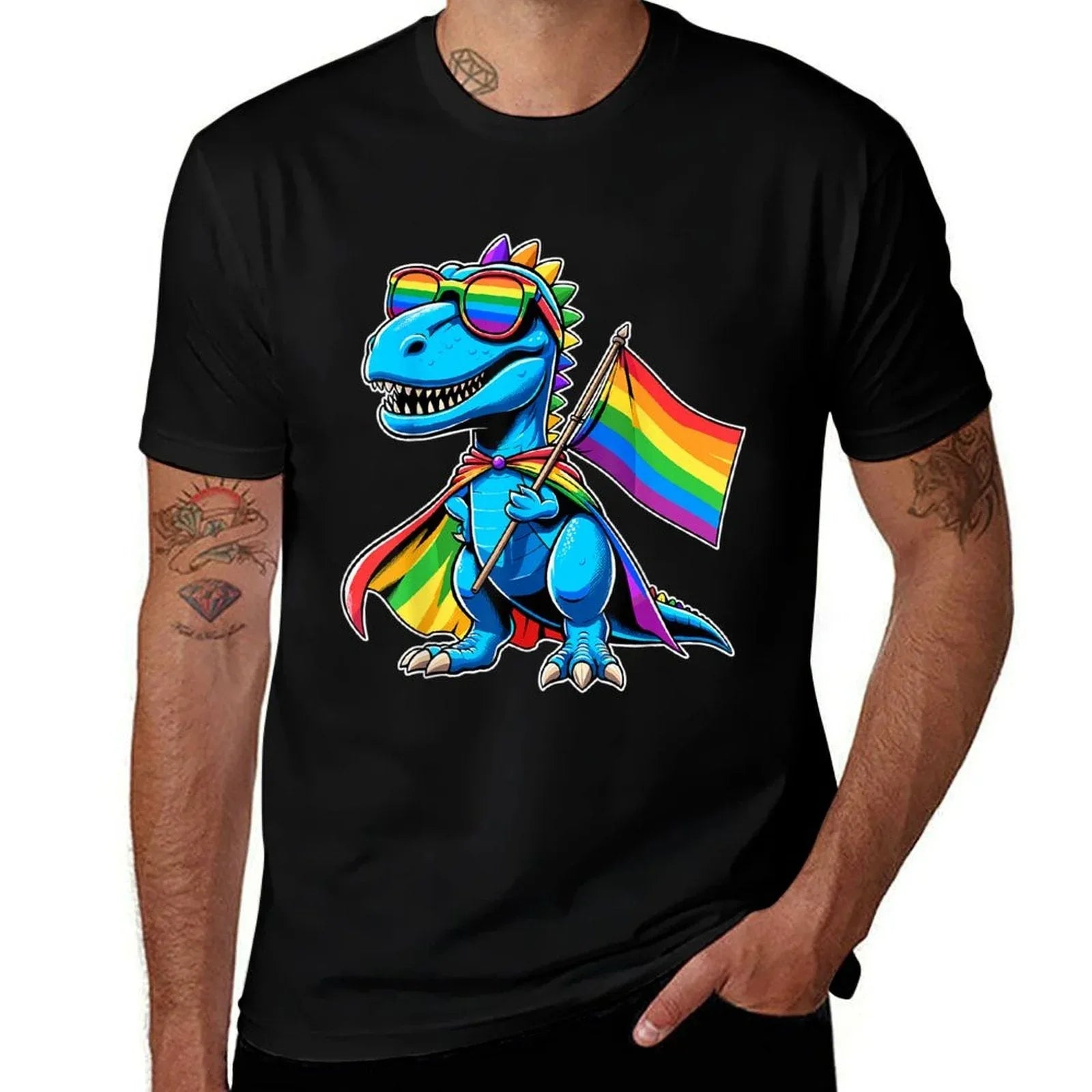 Dinosaur Gay Pride LGBT Rainbow  High-quality Stitching T-Shirt
