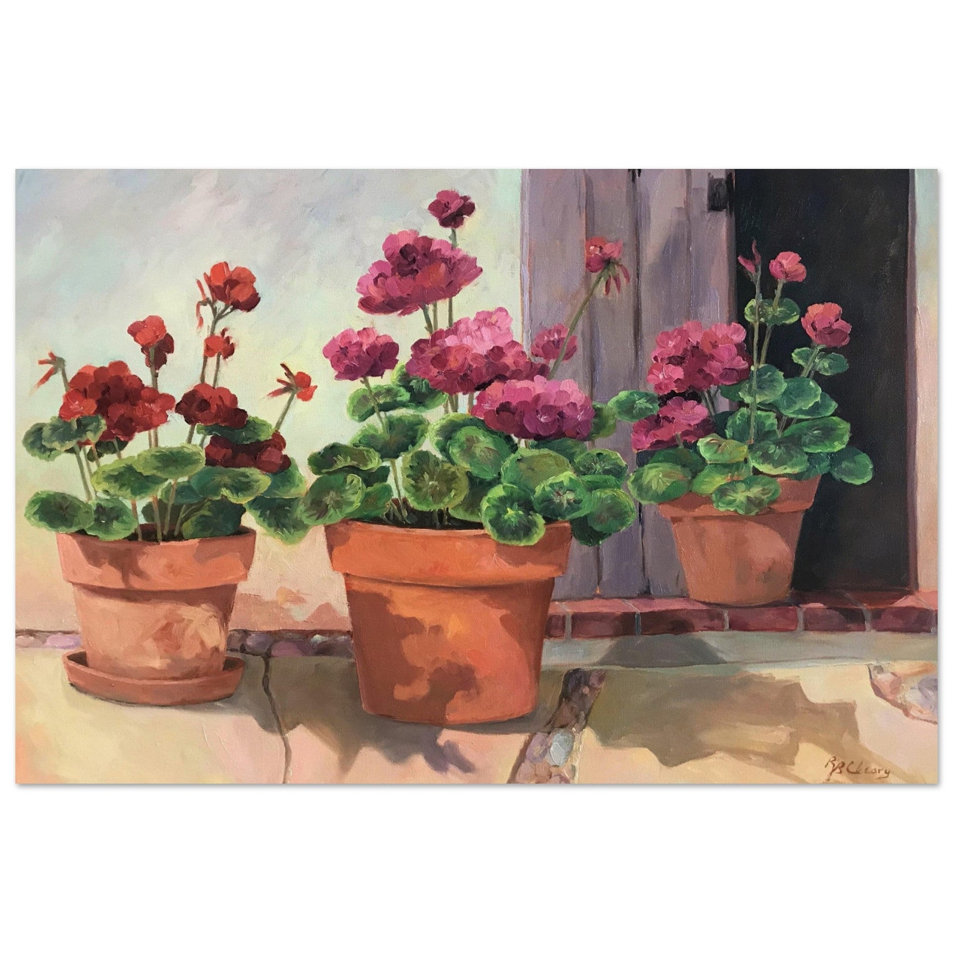 'Potted Red Geraniums Series 2' Floral I 16x24 Museum-Quality Matte Paper Poster I Original Artwork by American Artist Barbara Cleary