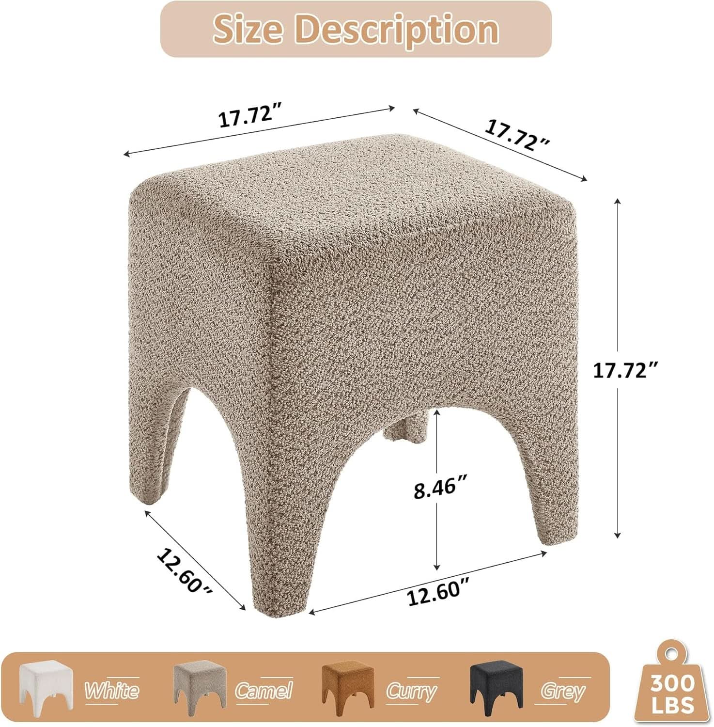 17-Inch Camel Boucle Upholstered Square Ottoman Footstool