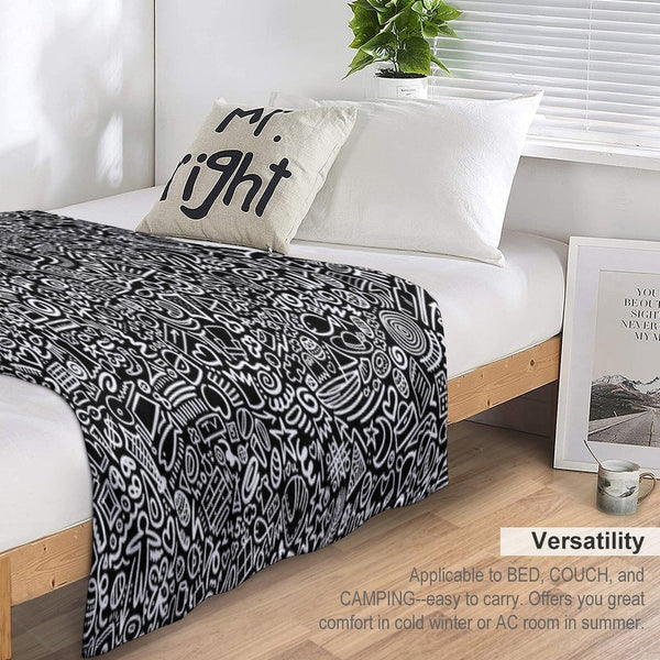 Hidden Images Doodle Art on Black Machine-washable Throw Blanket