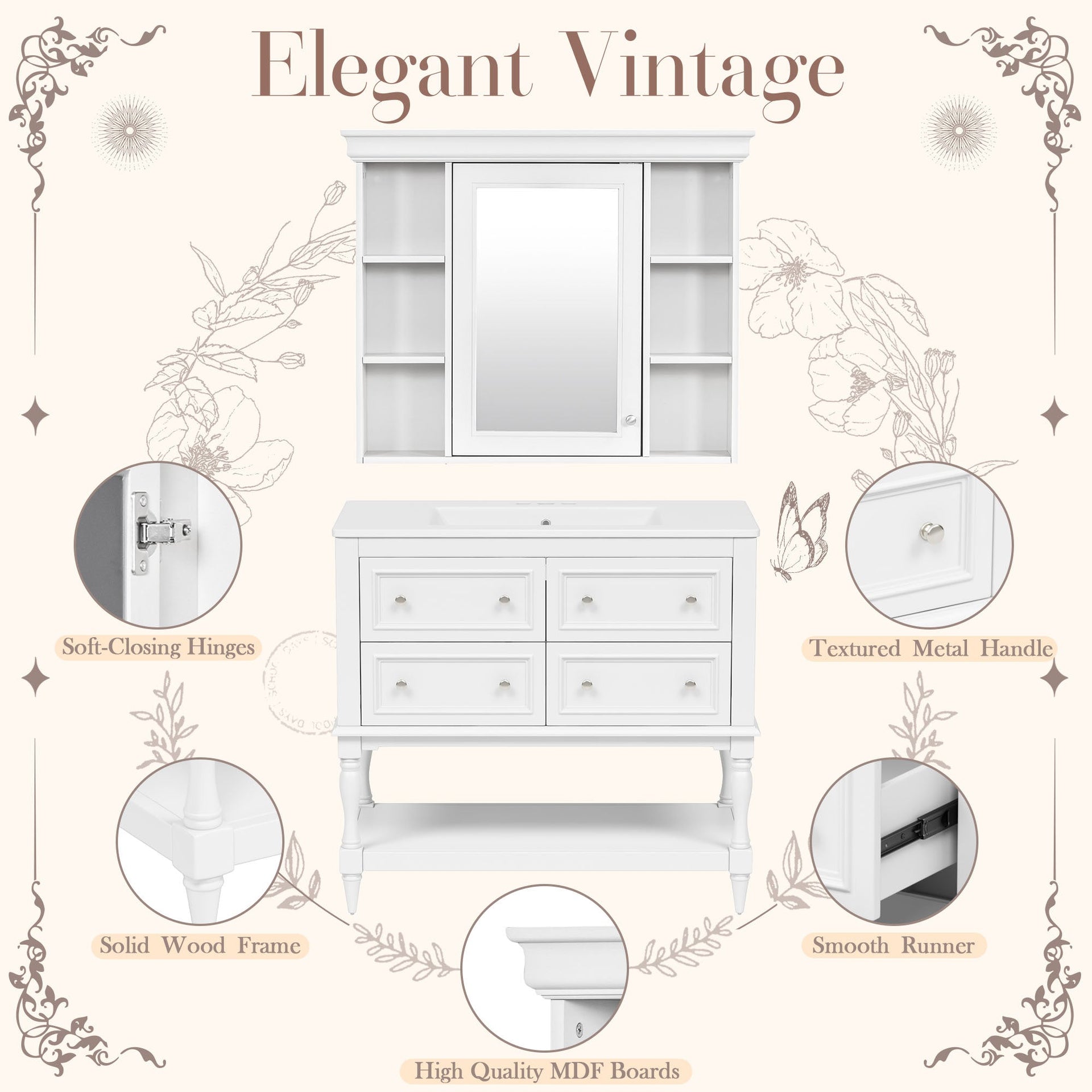 36'' Bathroom Vanity with Medicine Cabinet, Modern Mirror Cabinet with Adjustable Shelf, Bathroom Storage Cabinet with 4 Drawers, Solid Wood Frame Bathroom Storage Cabinet