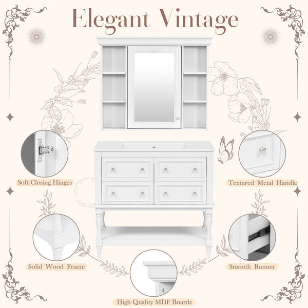 36'' Bathroom Vanity with Medicine Cabinet, Modern Mirror Cabinet with Adjustable Shelf, Bathroom Storage Cabinet with 4 Drawers, Solid Wood Frame Bathroom Storage Cabinet