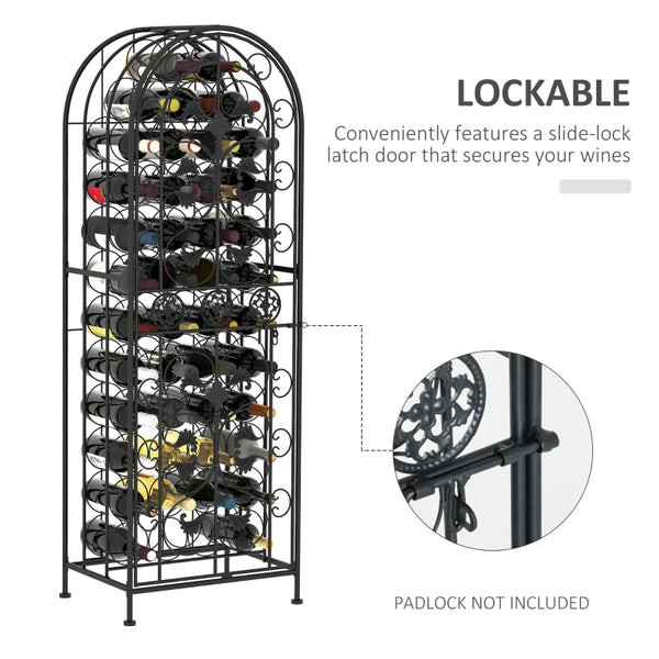 45 Bottle Wrought Iron Wine Rack Jail with Lock - Black