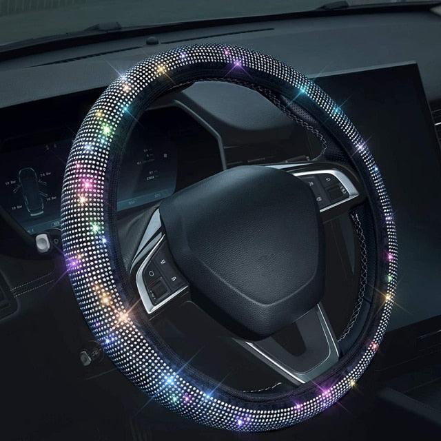 Diamond Leather Steering Wheel Cover Rhinestones Steering Wheel Cover With Crystal Breathable Anti-Slip Steering Wheel Protector Diamond Sparkling Car Steering Wheel Protector Vehicle Car Bling Steering Wheel Cover for Women Girls