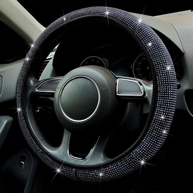 Diamond Leather Steering Wheel Cover Rhinestones Steering Wheel Cover With Crystal Breathable Anti-Slip Steering Wheel Protector Diamond Sparkling Car Steering Wheel Protector Vehicle Car Bling Steering Wheel Cover for Women Girls