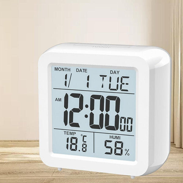 Digital Desktop LCD Snooze Calendar Alarm clock Digital Desktop Clock Electronic Digital Alarm Clocks for Bedroom Home Decor LCD Screen with Time/Calendar/Temperature Display White Bedroom Watch with Thermometer & Hygrometer for Home  Battery Operated