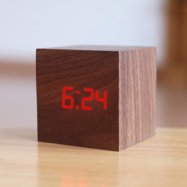 Digital Wooden LED Alarm Clock Wood Retro Glow Clock Digital Alarm Clock, with Wooden Electronic LED Time Display 3 Dual Plus Alarm Cubic Small Mini Wood Made Electric Clocks for Desktop Table Decor Voice Control Snooze Function Desk Tools