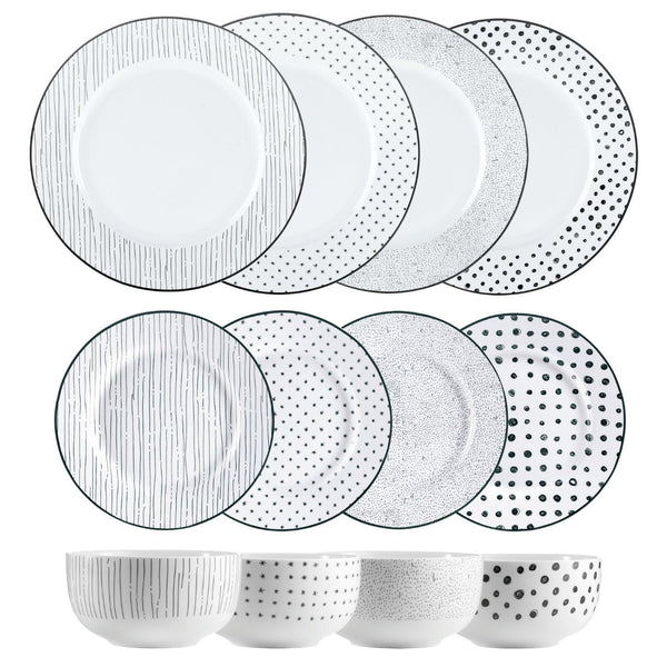 Dinnerware Set 12 Piece Black and White, Service for 4